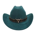 Dunkelgrüner Cowboyhut aus Wildlederimitat mit Ethno-Band und silbernem Longhorn-Schädel - Dunkelgrün
