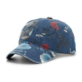 Detail of vintage floral print denim baseball cap with red daisies and blue hydrangeas - One Size(Adjustable) / Dark Blue Floral (A)