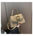 Detailed close-up of brown crossbody bag with premium gold metal buckle and chain strap - Khaki
