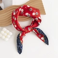 Red geometric floral silk scarf with blue polka dot pattern in a stylish bow knot style - 70*70cm / Red 5227
