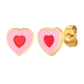 Chic women's gold-trimmed heart stud earrings with layered pink and red enamel details - Heart Style (ES-588G)