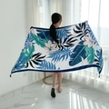 Ethnic summer beach shawl with tropical leaf patterns and tassels in blue and pink - Cyan-White Base Tropical Leaf Tassel / 180cm