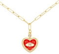 Goldkette mit rotem Emaille Herzanhänger und Zirkonia besetztem bösem Blick Detail - Rot