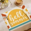 Modern linen placemat with yellow 'hello summer' print and geometric floral patterns - Hello Summer Round Geometric
