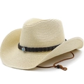 Western style straw cowboy hat in beige with turquoise leather band and wind rope - M(56-58cm) / Beige