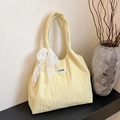 Light yellow pleated tote bag with white lace bow and LOVE patch in sweet Korean style - Yellow
