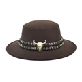 Flat top brown wool fedora hat with ethnic band and golden bull skull ornament - M (56-58cm) / Coffee