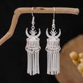 Ethnic style long silver tassel earrings with engraved cylinders on a wooden branch - Carved Cylinder Tassel Silver Style (E2437-9)