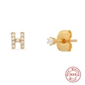 Detail view of gold S925 sterling silver letter H earring with sparkling zircon stones - Letter H / Gold