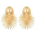 Chic gold fan-shaped drop earrings featuring oversized feather and sunburst geometric motifs - Oval Sunflower Style (KC Gold 0892)