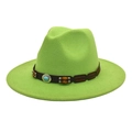 Detail of neon green wool fedora with leather band and faux turquoise ornament - M (56-58cm) / Fruit Green