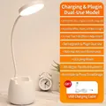 Lámpara de escritorio LED blanca con cuello de cisne flexible portalápices y soporte - Blanco [XH3600 Recargable] Atenuable y Cambio de Color + Cable