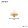 Macro detail of fan-shaped gold pendant with olive green stone and precise dimensions - WP36886B1-Green Malachite Style