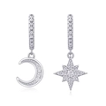 Asymmetric S925 sterling silver moon and star hoop earrings with clear zircons - E13892 Asymmetric Moon Star With GRA Certificate