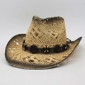 Vintage handwoven hollow straw cowboy hat with wide brim and decorative wooden beads - Dark Coffee Circle Decor / Rice Black
