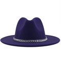 Dark purple wool fedora hat with wide brim and decorative silver metal chain link trim - Purple