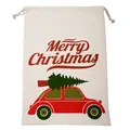 Canvas Christmas drawstring gift bag with red vintage car and Merry Christmas print - 49*68CM, HK-X1 (Red Truck)