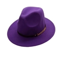 Detail of dark purple fedora featuring black leather band and gold metal chain accent - One Size / Deep purple