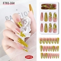 French tip coffin nails with mustard green floral accents and passion patterns - F781-16/Long Ballerina/Green Pink Polka Dot Flower