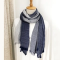 Blue and white striped linen scarf with tassels displayed on a wooden mannequin - Solid Navy