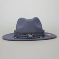 Close-up of bohemian fedora hat with turquoise stone and colorful fringe band - M(56-58cm) / Gray