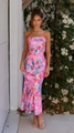 Close-up of pink floral satin midi dress with elegant backless tube top and slim fit - S / Pink Blue Floral