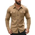 Men's khaki fleece-lined work shirt with classic lapel collar and dual chest pockets - Camel