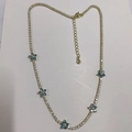 Gold chain choker with blue zircon flowers and adjustable extension chain link - Aqua