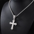 Detail shot of a silver hip hop cross pendant with sparkling rhinestones on a rope chain - Cross + 3mm*50cm Stainless Steel Twist Chain / Silver