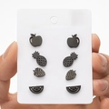 Juego de 4 pares de pendientes de acero negro con diseños de frutas como piña y fresa - Negro
