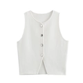 Detail of white knitted vest top with unique silver metallic buttons and small hem slit - S / White