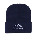 Detailed close-up of dark blue knit beanie with white mountain embroidery and OUTDOORS text - M (56-58cm) / Navy Blue