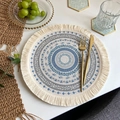 Bohemian round woven placemat with blue geometric circles and elegant cotton fringes - Bohemian Style No.8 Placemat (Beige Blue Grey Geometric)