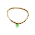 Elastic gold bead bracelet with green enamel heart pendant on a white background - Green