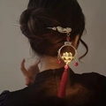 Épingle à cheveux fleurie avec glands rouges et lotus lumineux au fini doré - Pompon Perle Rouge Lotus Lumineux Doré (4#)