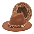 Brown fedora hat with gold chain detail and leopard print lining for men and women - M (56-58cm) / Khaki