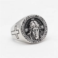 Vintage stainless steel Jesus ring with crown of thorns and side cross engravings - US 7 / Steel