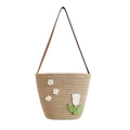 Handmade woven cotton bucket bag with white crochet flowers and slim brown strap - Khaki Floral / Small