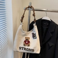 Borsa tote beige con ricamo orsetto e manico a nodo in pelle marrone in stile urbano - Senza Ciondolo / Bianco Sporco