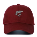 Close-up of gray 3D shark embroidery on a wine red cotton twill baseball cap - Adjustable / Burgundy