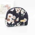 Floral canvas coin purse in black with wood label and a metal key ring attachment - Black Morning Glory