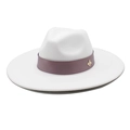 Detailed close-up of a white wool fedora hat with purple silk band and gold bee pin - M (56-58cm) / White