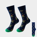 Dark blue mid-calf Christmas socks featuring reindeer and tree patterns with green toes - No. 02-Navy Blue Reindeer Xmas Tree