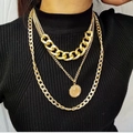 Layered gold necklace set with chunky Cuban chain and classic portrait coin pendant charm - Gold