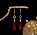 Chinese vintage long tassel earrings with green beads and red teardrop pendants - E2318-3/Gold Cloud Red Pendant