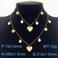 Gold-plated titanium steel necklace set with heart diamond pendant and white pearls - Gold Jewelry Set (KS200546-KLX)