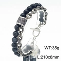 Men's double-layer bracelet with black agate beads and vintage steel chain, T-bar clasp - Matte Black Stone Spliced Retro Silver Chain Style (KB182646-TLX)