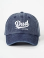 Close-up of Dad EST 2026 white embroidery on blue washed denim baseball cap - Navy Blue
