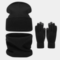 Detalle del conjunto de invierno de 3 piezas con gorro, bufanda y guantes táctiles en negro - Negro