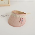 Pink straw sun visor for girls with lace trim and elegant ribbon bow detail - One Size / Pink